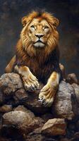 A lion sitting on top of rocks photo