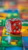 A red dice sitting on a colorful board photo
