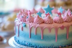 A blue and pink cake with blue icing photo