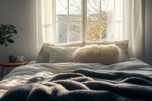 A bed with a blanket and pillows photo