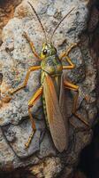 A large green bug with yellow and orange stripes photo