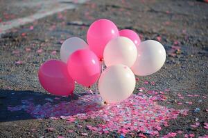 A bunch of pink and white balloons on the ground photo