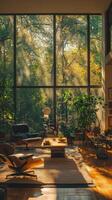 A living room with large windows and a couch photo