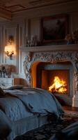 A bedroom with a fireplace photo