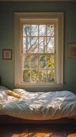 A bed with a white sheet photo