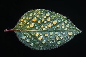 A close up of a leaf with water droplets on it photo