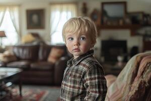 A young boy standing in front of a couch photo