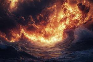 A large fire is coming out of the ocean photo
