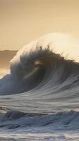 A large wave breaking on the ocean at sunset photo