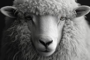A black and white photo of a sheep