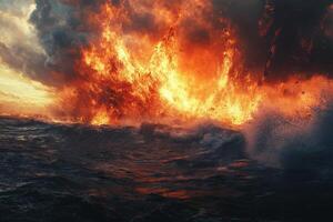 A large fire is coming out of the ocean photo