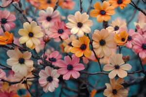 A bunch of flowers are shown in front of a blue background photo