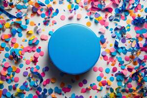 Blue box surrounded by confetti and colorful confetti photo