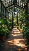 A long walkway with lots of plants in pots photo