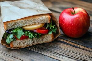 A sandwich and an apple on a wooden table photo