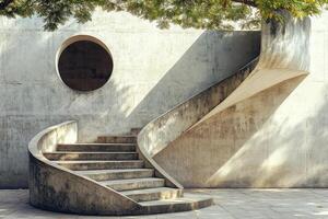 A concrete stairway with a circular hole in the middle photo