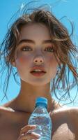 A woman holding a water bottle in front of her face photo