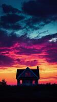 A house is silhouetted against a colorful sunset photo
