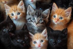 Many different colored kittens are gathered together photo