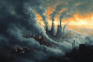 A city with smoke coming out of the chimneys photo