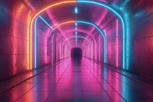 A long tunnel with neon lights and a light at the end photo