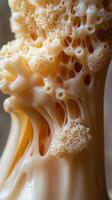 A close up of a piece of cheese with a lot of holes photo