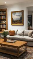 A living room with a couch, coffee table, and a painting photo