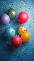 Colorful balloons and confetti on a blue background photo