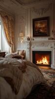 A bedroom with a fireplace and a bed photo