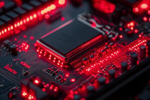 A close up of a computer motherboard with red lights photo