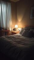 A bed with a lamp and a window photo