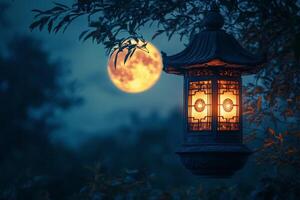 A lantern lit up in front of a full moon photo