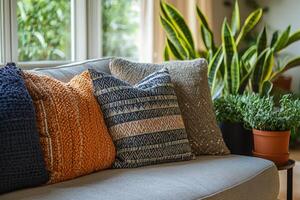 A couch with several pillows and a plant photo