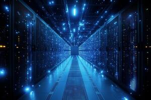A long hallway with many servers and lights photo