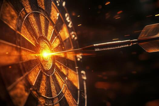 Dart strikes center of target creating bright explosion of light in dark setting photo