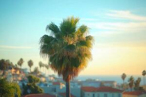 A palm tree is in front of a city photo