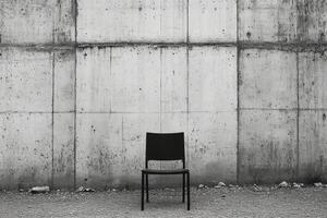 A black and white photo of a chair sitting in front of a concrete wall