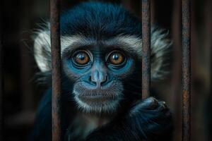 A monkey is looking through bars in a cage photo