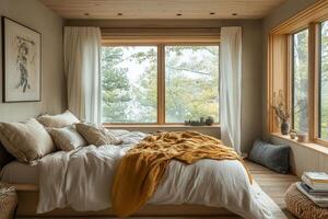A bedroom with a bed, window and a window photo