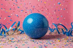 Blue easter egg on pink background with confetti photo