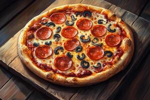 A pizza with pepperoni, olives and mushrooms on a wooden table photo