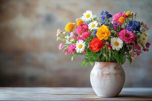 A vase filled with colorful flowers on a table photo