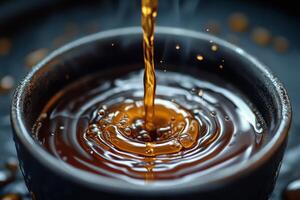 A close up of a cup of coffee with liquid photo