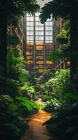 A hallway with plants and trees in the middle photo
