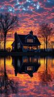 A house is reflected in the water at sunset photo