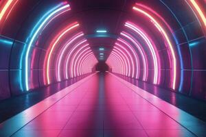 Neon-lit tunnel with vibrant colors and reflective surfaces at night photo