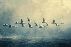 A flock of birds flying over water photo