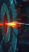 A dart is hitting a target with a red light photo