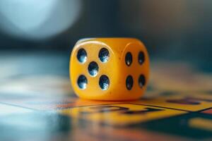 A yellow dice sitting on top of a board game photo