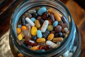 Variety of colorful vitamins and supplements stored in a glass jar for health and wellness photo